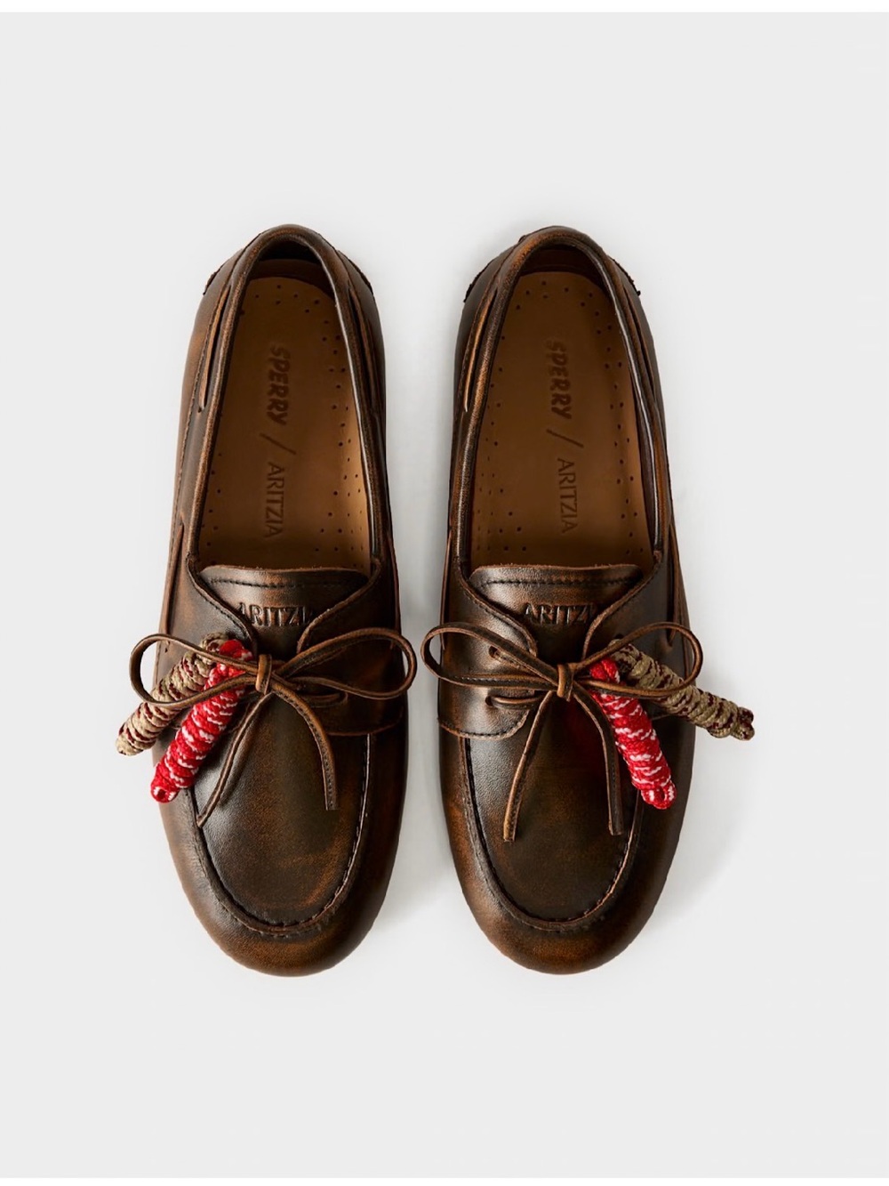 Aritzia x Sperry Brown Leather Boat Shoes with Red Accent Laces